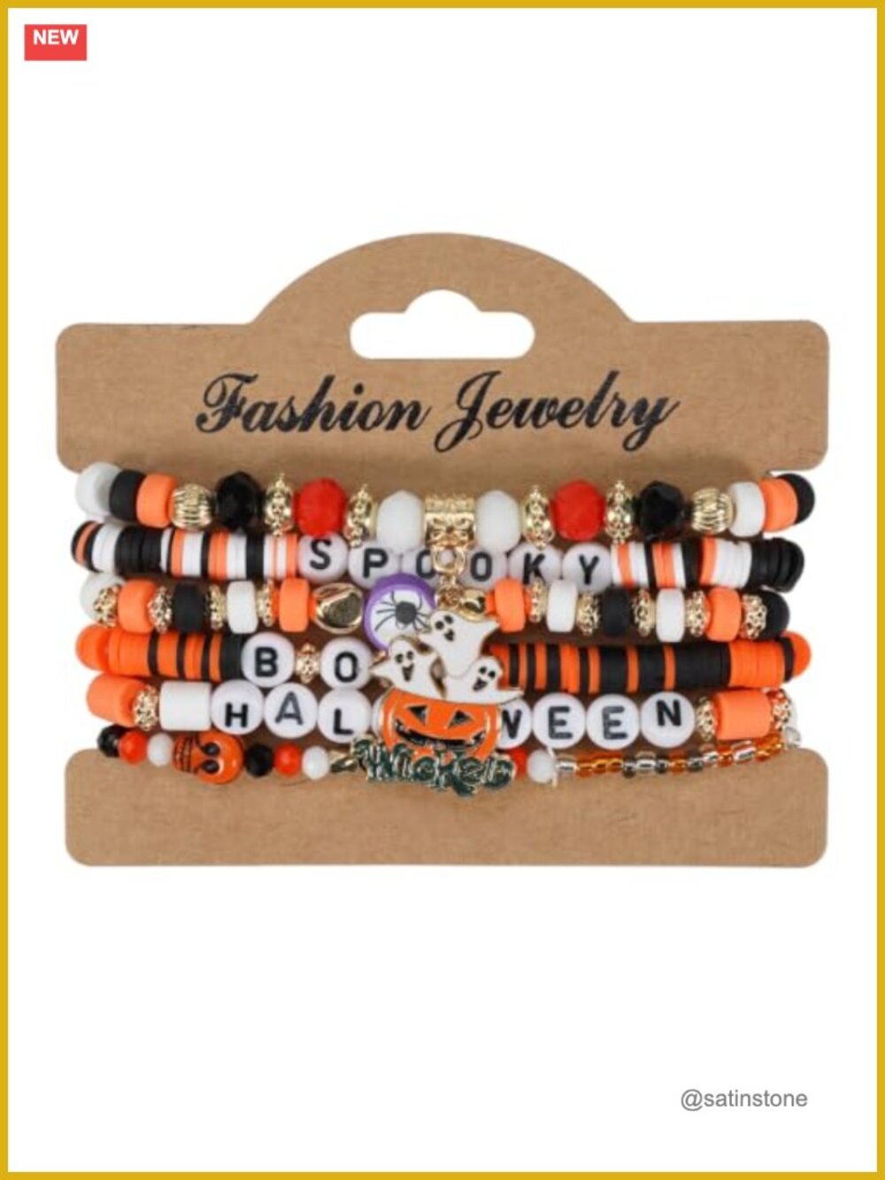 6 Pc Halloween Stretch Beaded Bracelet Stack Ghost Pumpkin Charms